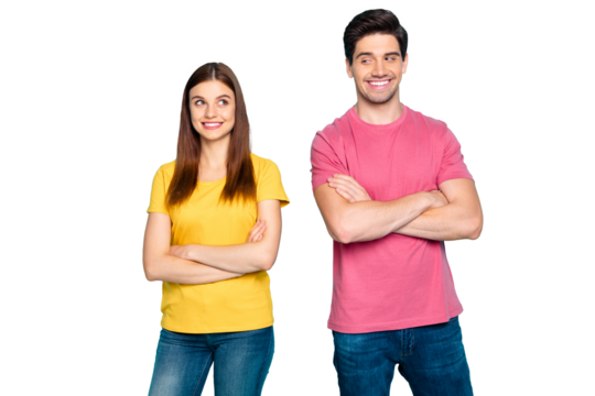 Portrait of his he her she nice attractive lovely charming cute cheerful cheery shy couple looking at each other folded arms isolated over bright vivid shine vibrant green turquoise background