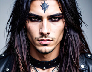 Portrait of a young man with long dark hair, intense eyes, gothic makeup, and a mystical symbol on his forehead. Dressed in a leather jacket and accessories with a dark aesthetic.
