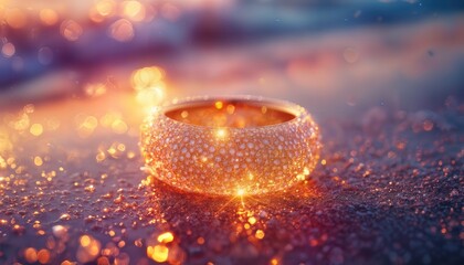 a glittering golden band rests on a shimmering surface amidst a bokeh of warm, radiant light.