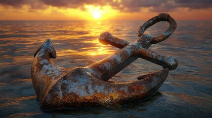 Fototapeta premium Rusty anchor rests on the ocean shore at sunset
