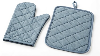Two grey quilted oven mitts and a pot holder on a white background.