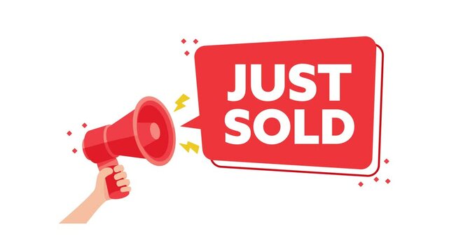 Hand holding megaphone with just sold speech bubble on white and green screen background