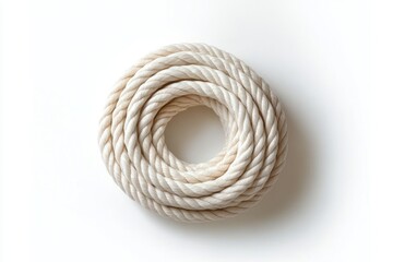 Coiled natural fiber rope neatly arranged in a circular pattern on a white background, conveying simplicity and order