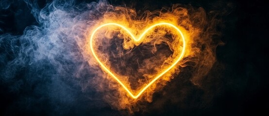A technological symbol in the form of a heart, colored in vibrant orange and yellow neon, is rendered in 3D and isolated against a plain black background