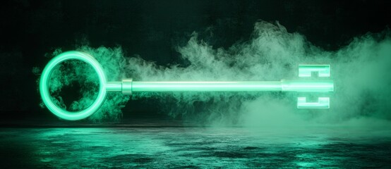 Vibrant colored technology is symbolized by a green neon light key icon in this 3D rendered image on a black background