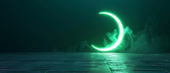 Vibrant colored technology is represented by a green neon light moon icon in this 3D render, isolated on a black background