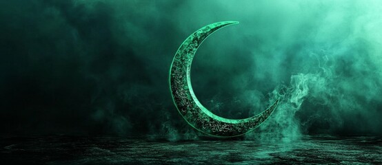 A green neon light moon icon, representing a symbol of vibrant technology, is depicted in a 3D render on a black background
