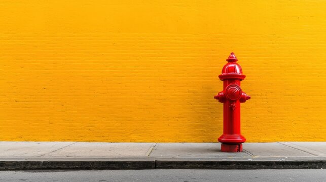 A red fire hydrant stands on a sidewalk in front of a yellow brick wall.