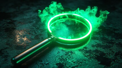 Vibrant colored technology is represented by a green neon light search icon in this 3D render, isolated on a black background
