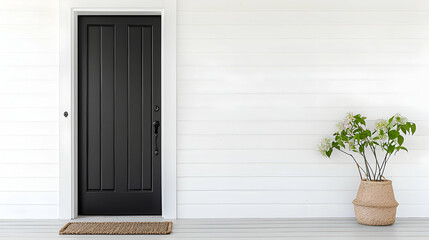 Modern Front Door With White House Exterior And Plant