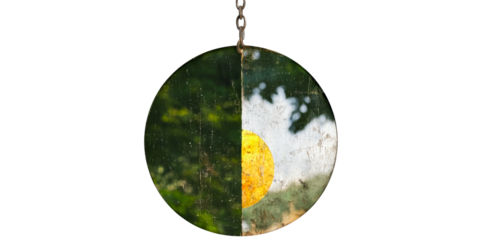 Round reflective disc hanging on a chain, cut out transparent