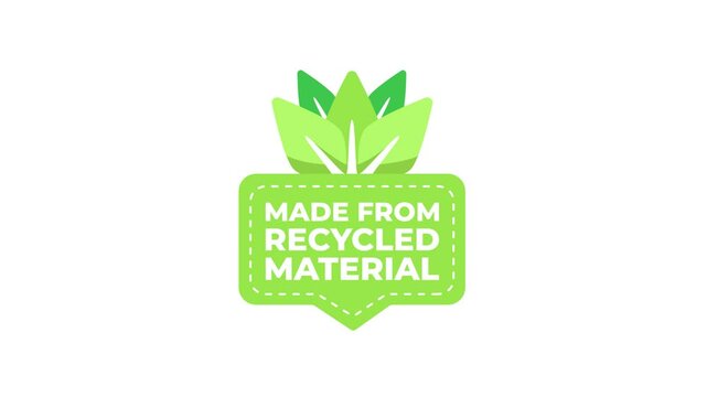 Animated recycled material logo with leaves on white and blue background