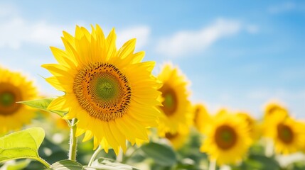 Sunflower field under bright blue sky with sun rays. Summer harvest and agriculture concept. Image for poster, banner, greeting card and social media post with copy space.