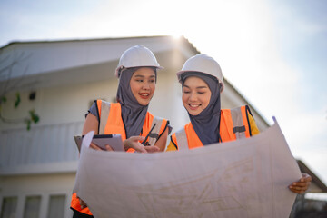 Professional hijabi women checking project plans on a residential site. Their clothing and safety gear reflect their roles in modern construction and architectural design fields.