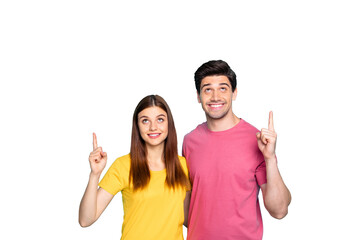 Portrait of his he her she nice attractive cheerful cheery funny curious couple hugging pointing...