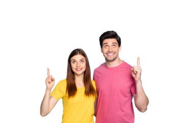 Portrait of his he her she nice attractive cheerful cheery funny curious couple hugging pointing looking up ad advert tips feedback isolated over bright vivid shine vibrant green turquoise background