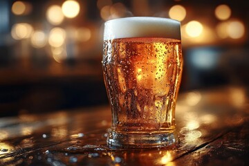 Cold glass of amber beer with foam on top and condensation droplets on the glass sitting on a wooden surface with warm blurred lights in the background