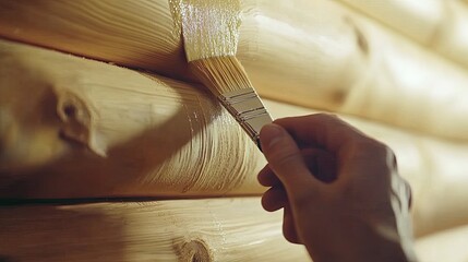 Applying sealant to a log wall.  A hand applies a protective coating to wooden logs