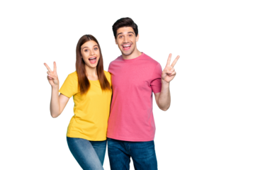 Portrait of his he her she nice attractive lovely glad optimistic cheerful cheery couple hugging showing v-sign isolated over bright vivid shine vibrant green turquoise background