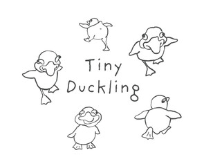 A collection of silly ducklings in a naive hand drawn doodle style with funny poses