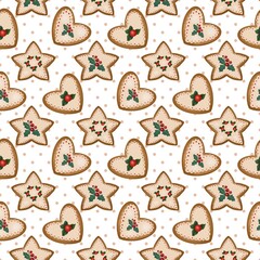 A festive seamless pattern featuring Christmas cookies in shapes of stars, hearts, and wreaths, decorated with icing, holly, and berries on a white background. Perfect for holiday designs