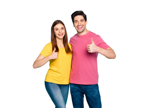 Portrait of his he her she nice attractive cheerful cheery content couple hugging showing thumbup advert advice isolated over bright vivid shine vibrant green turquoise background