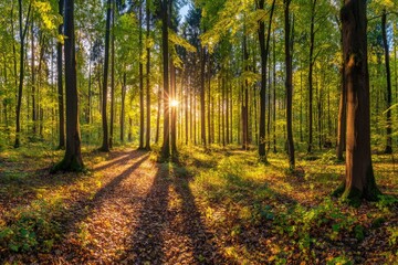 Obraz premium Sun Rays Filtering Through Forest Canopy View