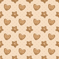 Seamless Christmas pattern with gingerbread cookies in shapes of trees, stars, hearts, and stockings. Perfect for festive wrapping paper, textiles, and holiday decorations