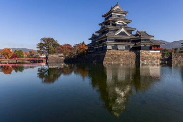 Panoramic view of Matsumoto Castle with a red bridge, golden autumn trees, and reflection in the still water on a crisp morning