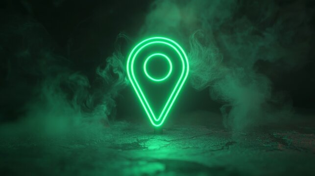 Vibrant colored technology is represented by a green neon light map pin icon, isolated on a black background, in a 3D rendered image