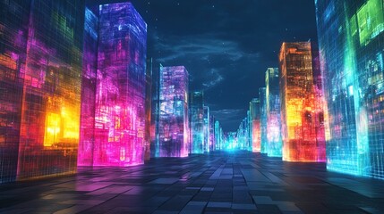 A metaverse digital twin city with holographic buildings and glowing streets