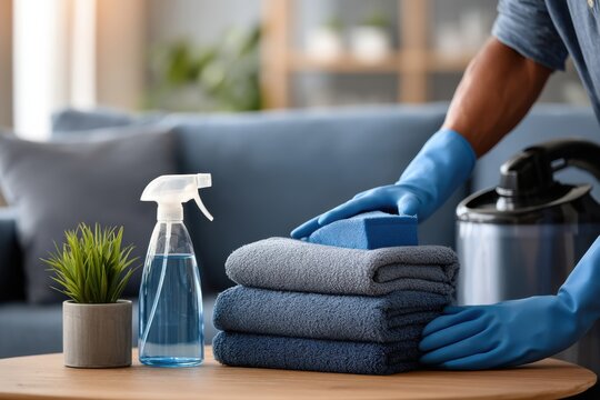 Cleaning and organizing home workspace with towels and supplies in a cozy living room setting