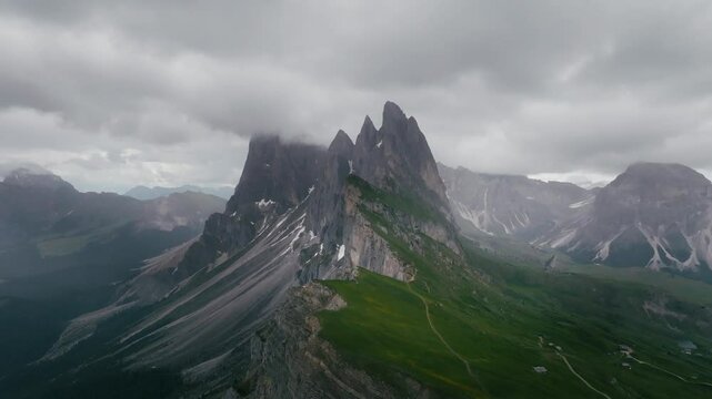 Dramatic Aerial View of Seceda Peaks in the Dolomites, Italy