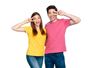 Portrait of his he her she nice attractive lovely funny cheerful cheery couple hugging showing v-sign near eye lifestyle isolated over bright vivid shine vibrant green turquoise background