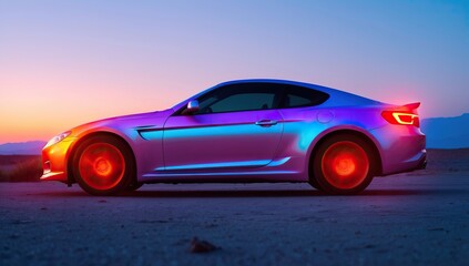 Obraz premium A Modern Sports Car with a Metallic Finish Reflecting Sunset Colors and Red Glowing Wheels Against a Mountain Landscape