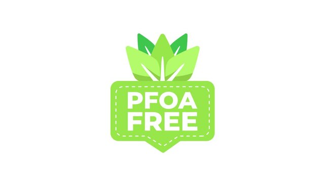 PFOA free green animated logo with leaves on white and blue background