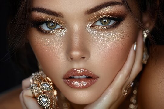 Close-up portrait of a woman with glittery gold makeup, shimmering eyeshadow, glossy lips, flawless skin, and adorned with sparkling metallic jewelry, creating a glamorous and confident look