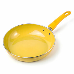 A yellow pan is isolated on a white background, featuring a vibrant color, a non-stick surface, and a sturdy handle