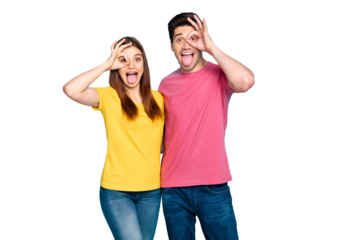 Portrait of his he her she nice attractive lovely crazy cheerful cheery couple hugging showing ok-sign like glasses having fun isolated over bright vivid shine vibrant green turquoise background