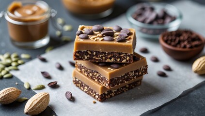 Layered Dessert Bars with Nuts and Chocolate, Surrounded by Ingredients, Visualizing Rich Flavor and Textural Contrast