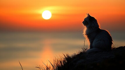 Silhouette cat sunset seascape