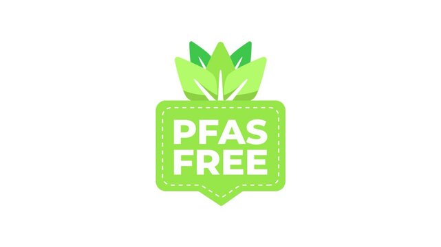 PFAS free green animated badge on white and blue background