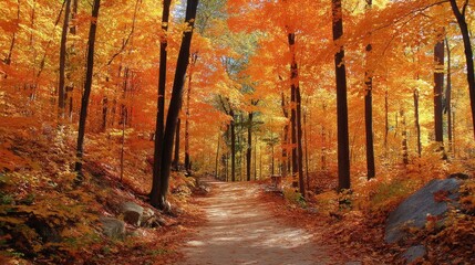 Fototapeta premium Autumn Path Through Woodland Forest Trees Scenic View