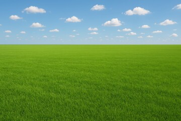 Fototapeta premium Vibrant Green Field Under a Blue Sky with Fluffy White Clouds Peaceful Nature Landscape Serene Summer Scenery Tranquil Pastoral View Picturesque Rural Setting Idyllic Countryside Image Beautiful 