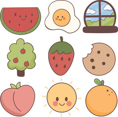 Cartoon clip art of food elements, fruits and views.