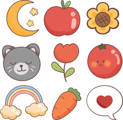 Funny kawaii cartoon elements icons