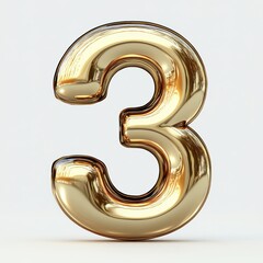 Shiny reflective three-dimensional golden number three on a clean white background with smooth metallic surface