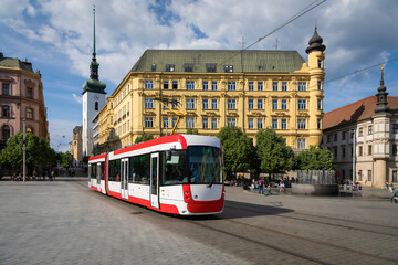 Brno, Czechia. View of namesti Svobody (square of Freedom) with white-red modern tram
