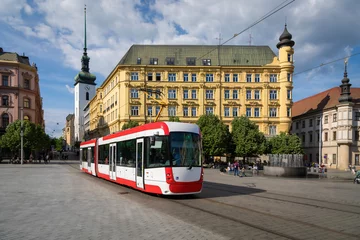 Gordijnen Tsjechië Brno, Czechia. View of namesti Svobody (square of Freedom) with white-red modern tram  © bbsferrari