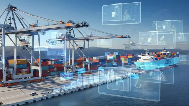 Smart shipping port with AI-controlled cranes loading containers onto electric ships, glowing UI graphics, global supply chain in action